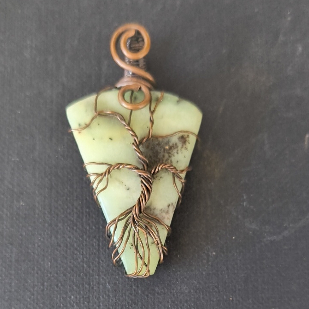 Handcrafted Green Stone Pendant with Copper Wire Tree Design